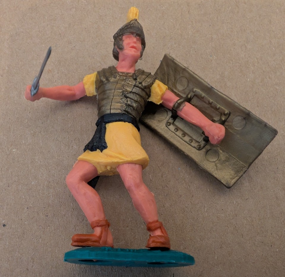 Figurine Timpo Toys: Romain, Roman, vert, green. Rare legs, jambes