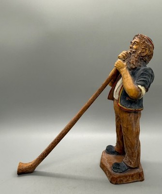 Hand Carved Folk Art Man Alphorn Player Figurine Vintage Zermatt Switzerlan