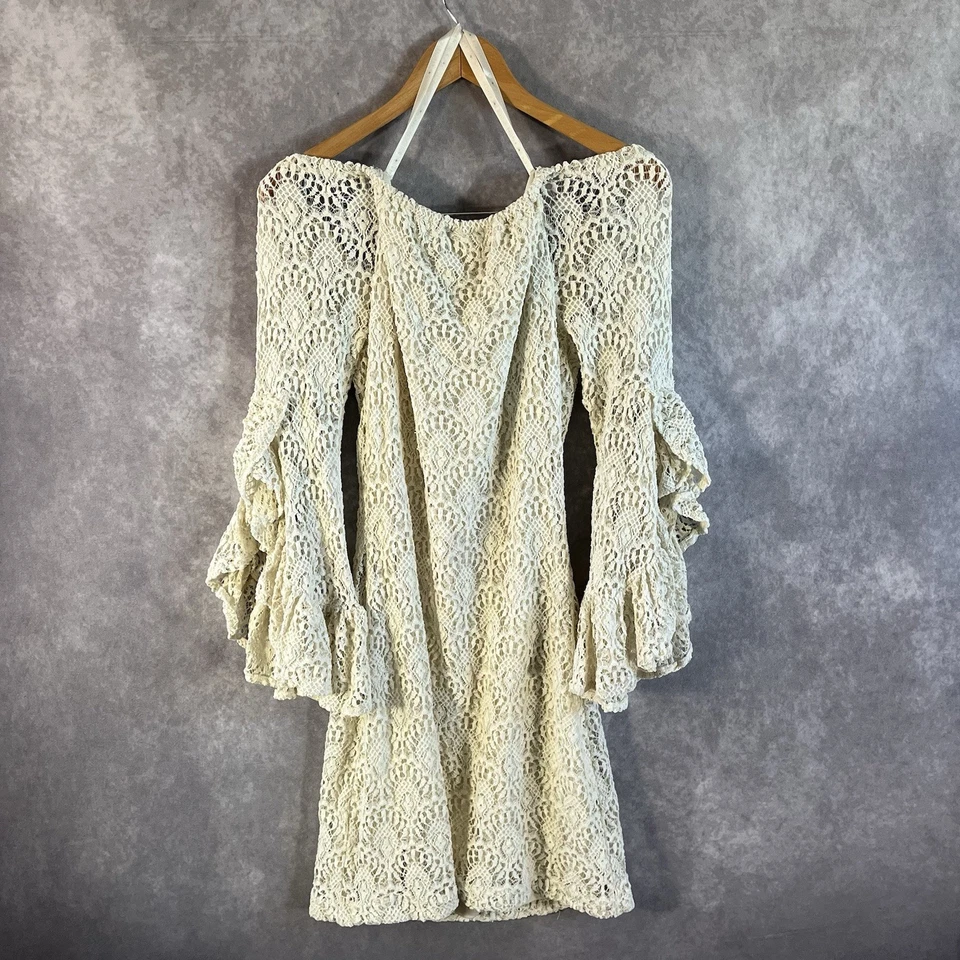 Vestido Boston Propio Para Mujer XS Marfil Crochet Mangas Campana Casa Boho Boda Foto 2 de 4