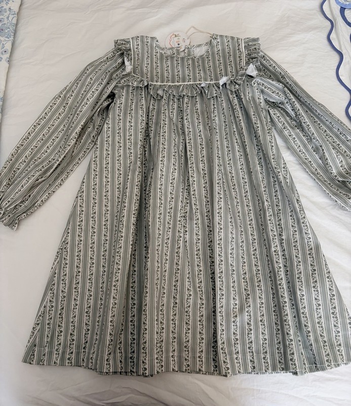 Sun House Children’s Sage Green Striped Floral Dress, Size 10