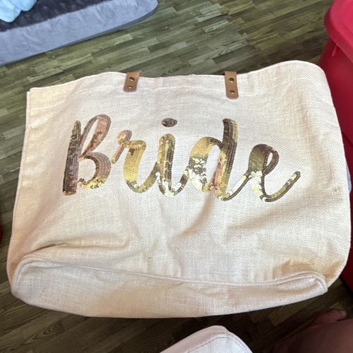 Ivory & Gold Canvas Tote Bag, Bride Gold Sequin Lettering, Canvas Fabric