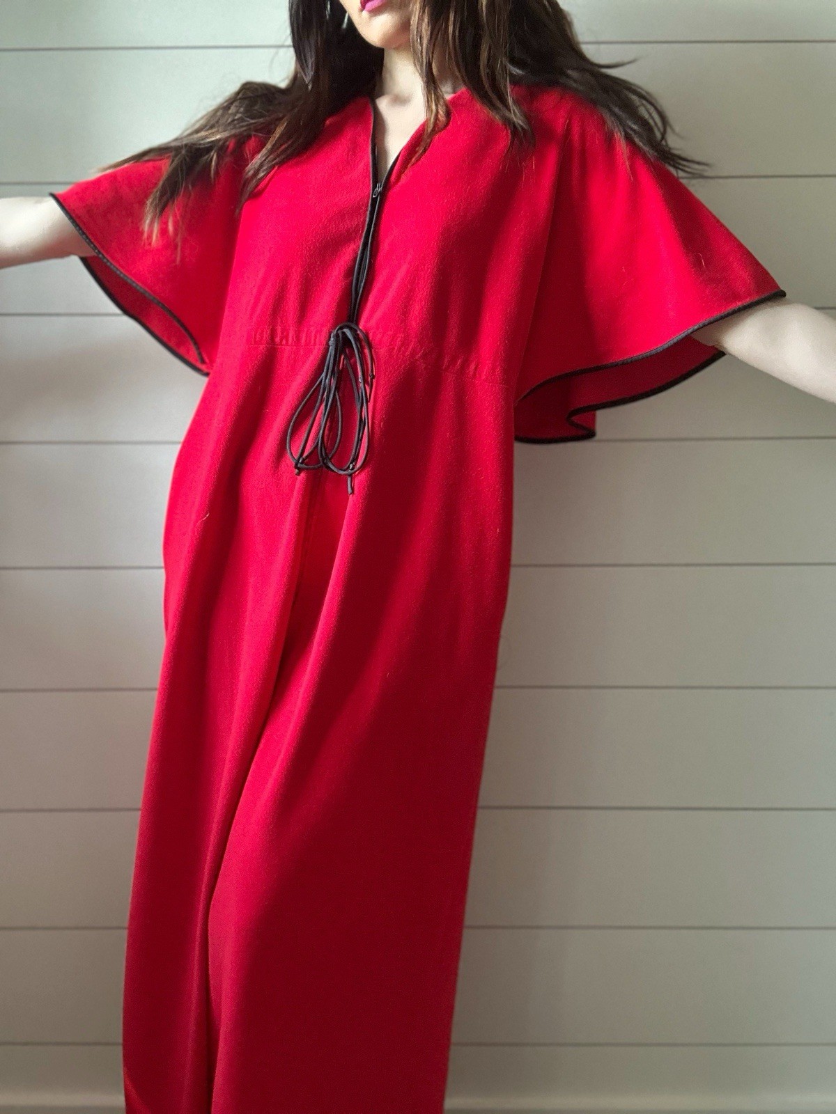 Vintage Vanity Fair Red Fleece House Dress 1970s Butterfly Sleeve 