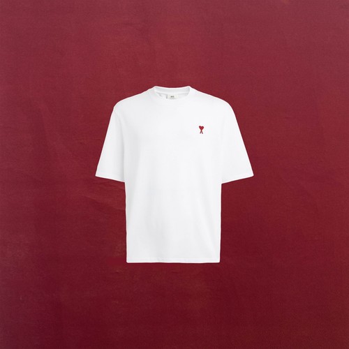 AMI PARIS MEN'S LOGO EMBROIDERED COTTON JERSEY T-SHIRT WHITE SIZE LARGE