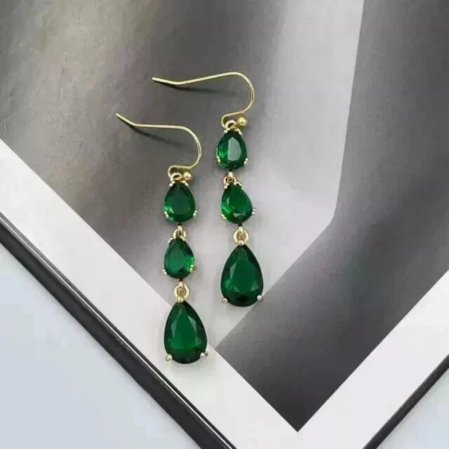 4Ct Pear Cut Lab Created Emerald Drop Dangle Earrings 14K Yellow Gold Plated - Image 3 of 4
