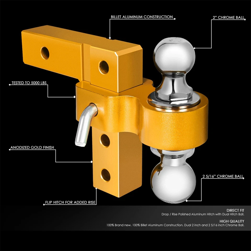 Aluminum Dual Ball 6" Drop/Rise Adjustable Trailer Tow Hitch 2" Receiver Gold - Image 2 of 4