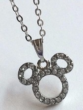 Disney Mickey Mouse Ears Necklace Disneyana Crystal Silver Plated 19" Signed