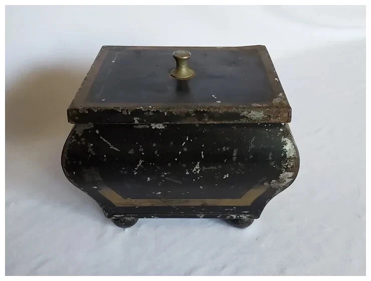 Antique 19th Primitive Folk Art Toleware Tea Caddy Tin Box - Image 4 of 4