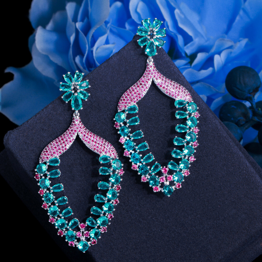 Women Big Statement Earrings Long Drop Dangle Zircon Party Silver Plated Jewelry