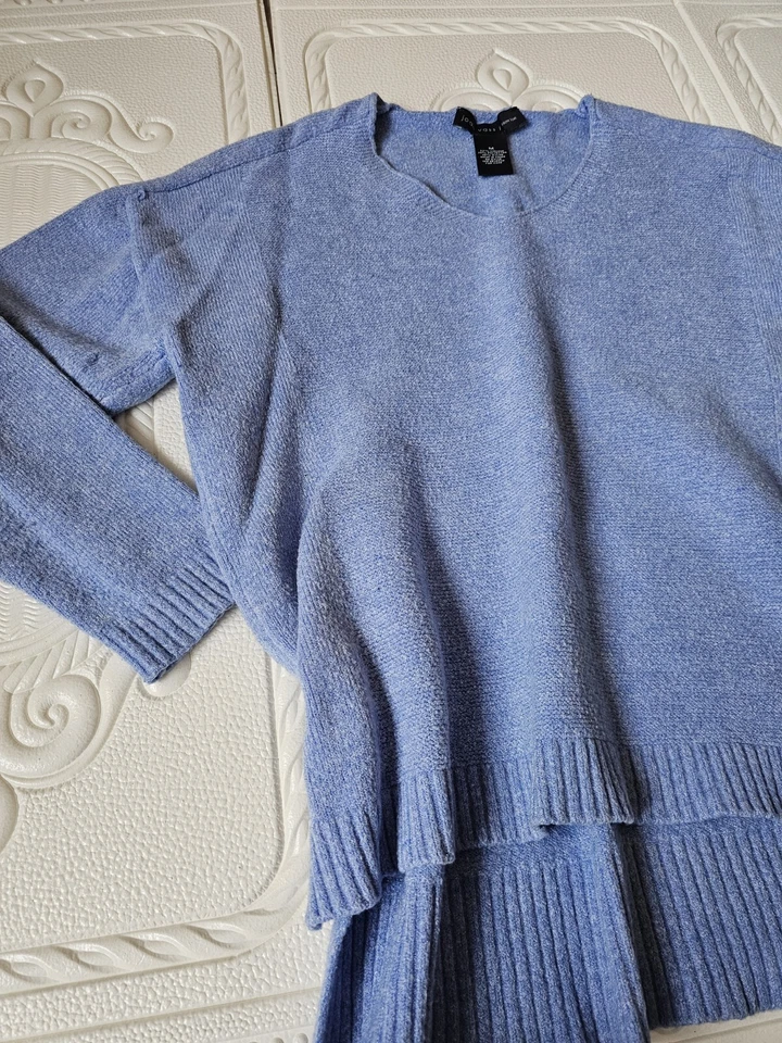 Top Joan Vass para mujer manga larga cuello en V alto bajo tejido bebé azul índigo talla M AV Foto 2 de 3