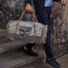 Myra Bag Gray Floral Upcycled Canvas Calf Hair Leather Travel Weekender Bag