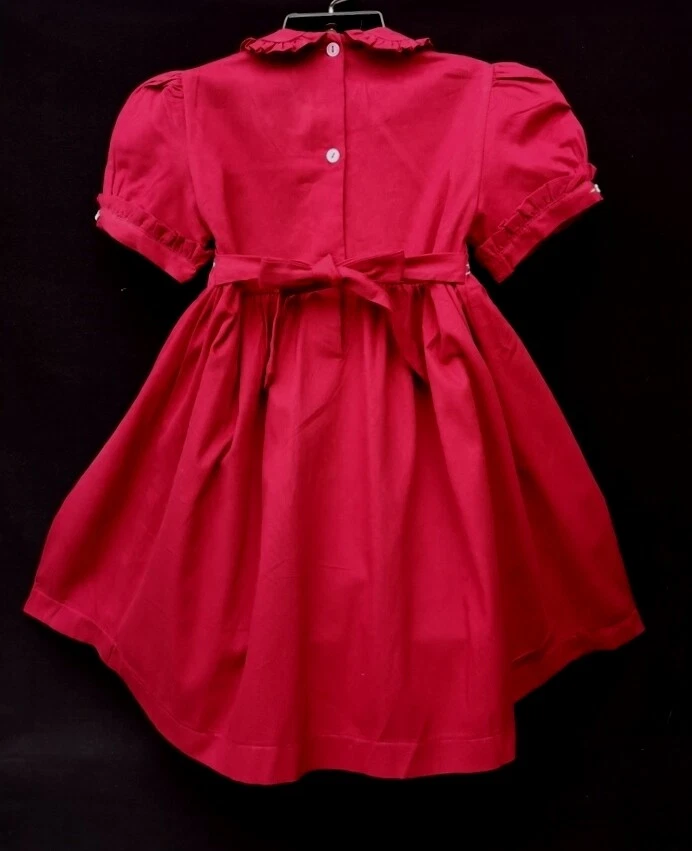 Robe smocks manches ballons col brodé en coton piqué Rouge foncé 2 ans à 12 ans - Photo 4/4