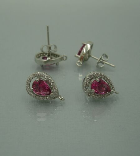 2pcs-Teardrop Rose Pink Cubic Zirconia CZ Rhodium Plated Earstud Earrings Post. - Picture 1 of 2