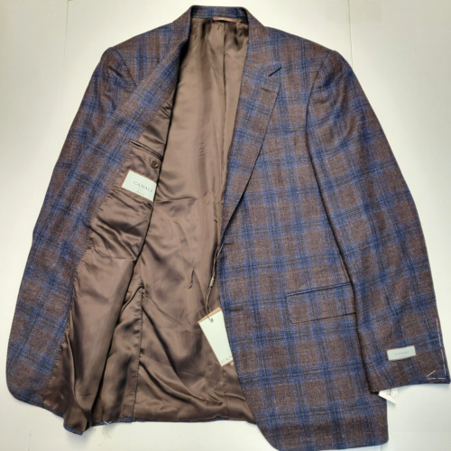 $1758 CANALI Check Wool SILK LINEN Sport Jacket Men 44 L EU 54 Brown Blue PLAID - 第 1/8 張圖片