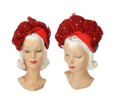 Jack McConnell RED FEATHER Red Wool Feather Rhinestone Hat OOAK Vintage 1960s