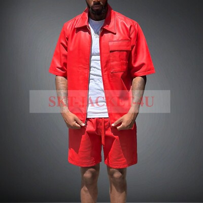 Men's Lambskin Red Leather Shorts Shirt Set Summer Sweatsuit