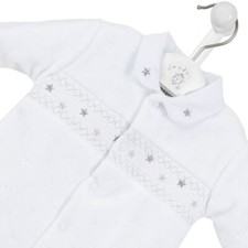 BABY BOYS WHITE SLEEPSUIT SMOCKED VELOUR ROMPERS STARS DESIGN NEWBORN -6 MONTHS