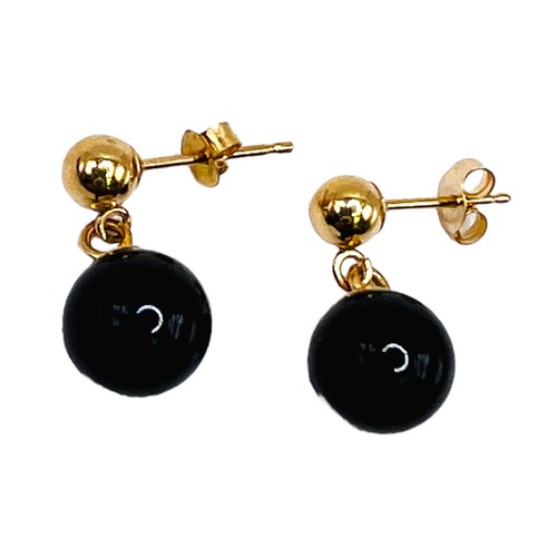 14k Yellow Gold Black Onyx Ball Stud Post Earrings Dangle - Picture 2 of 5