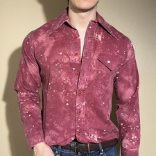 1970s Burgundy Paint Splatter Patterned Button Down With Dagger Collar M