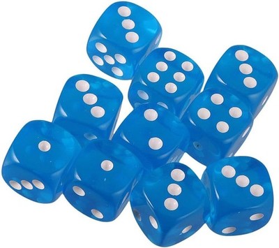 Set of 10 Six Sided Rounded Translucent 16mm D6 Dice - blue with White
