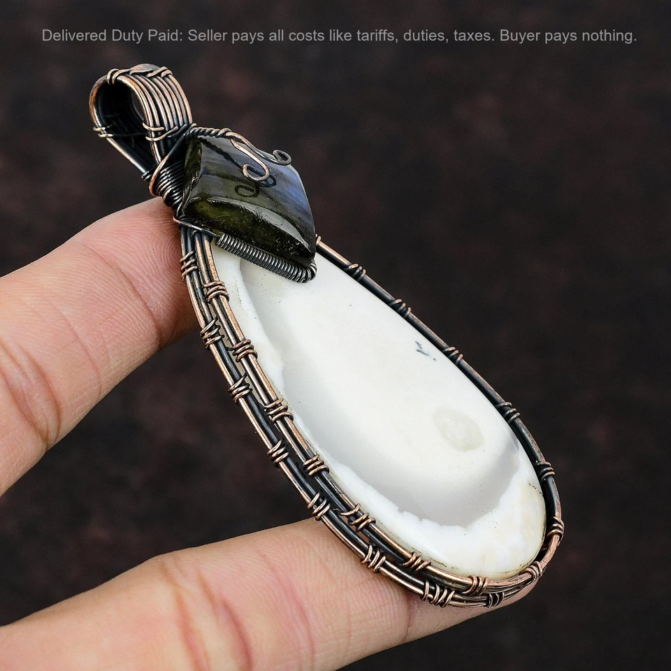 Copper Natural Dendrite Opal Labradorite Wire Wrapped Unique Wedding New Pendant - Image 4 of 4
