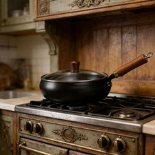 Wok en fonte avec couvercle, grand wok de cuisine chinois, idéal comme