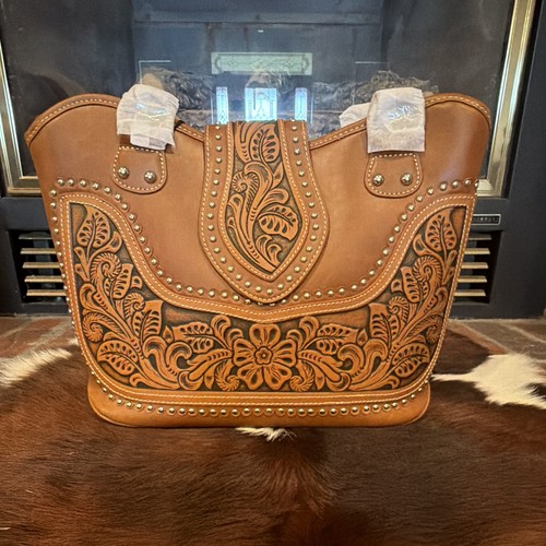 Montana West Brown Western Floral Tooled Studded Tote, Medium, Zip, Strap