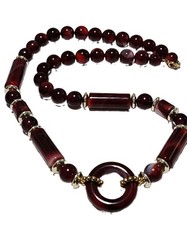 Vintage 24" Burgundy Lucite Beaded Necklace, Goldtone Accent