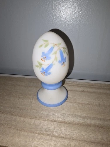 VTG Fenton Hand Painted Blue Rose Satin Glass Pedestal Egg Paperweight Signed