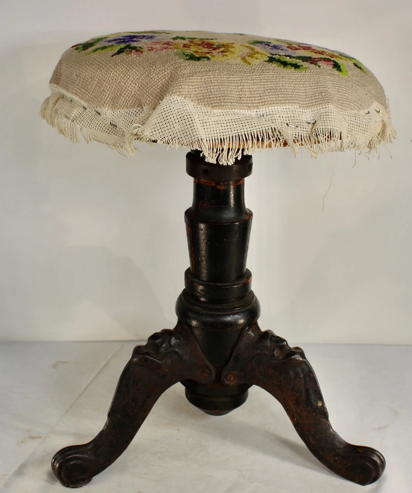 Antique Piano Bench Stool Seat Fabric Top Iron Legs Wood Base Primitive Stool - Image 2 of 4