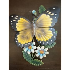 Vintage Metal Butterfly Wall Art Yellow Black Monarch Daisy Floral Decor 11.5"