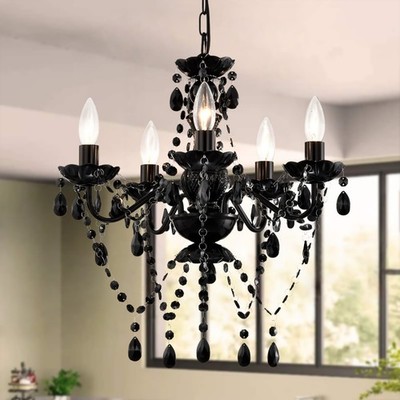 Black Crystal Chandelier, 5 Light Small Acrylic Ceiling Lights with Adjustable