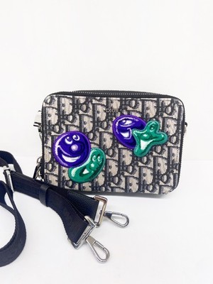 Dior Kenny Scharf Oblique Embroidered Patches Double Zip Crossbody Pouch Auth