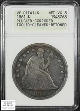 1861 Seated Liberty Silver Dollar $1 Old Soap Box Holder ANACS VF Details