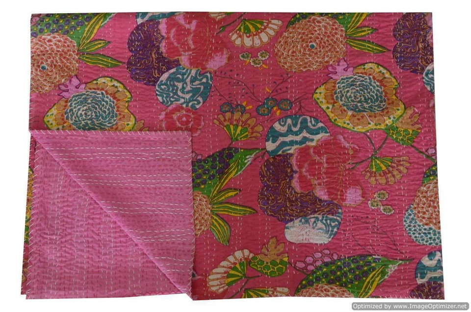 Indian Art Kantha Queen Quilt Handmade Floral Reversible Blanket Throw - Image 3 of 4