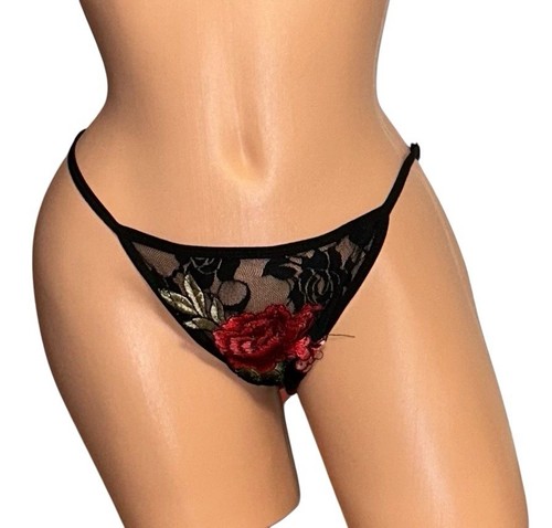 Black Sheer Mesh Floral Embroidery String Bikini Nylon Panties Women’s