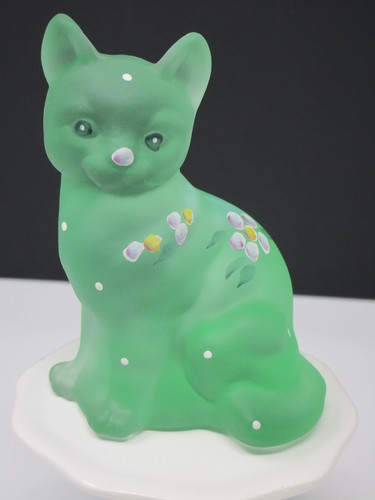 Fenton Sitting Cat Willow Green Satin Glass Hand Painted Floral Signed