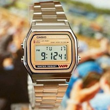 Casio A158WEA-9DF Gold Dial Digital Watch Stainless Steel Retro Alarm WR