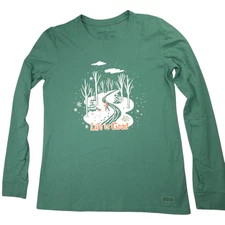 Life Is Good Shirt Womens Medium Sage Green Long Sleeve Winter Dog Graphic Hike
