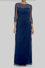 Formal Dark Navy Alex Evenings Beaded Illusion Sweetheart Neck - Size 14P Ruched