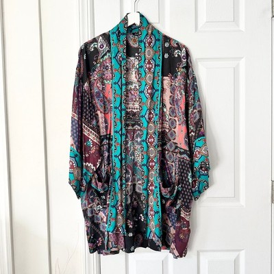 Tolani Dark Paisley Boho Modal Open Mid Length Kimono Jacket Cover Up OS