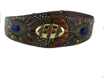 Lee Sands Hawaii Genuine Peacock & Pheasant Feathers Belt with Hair Clips