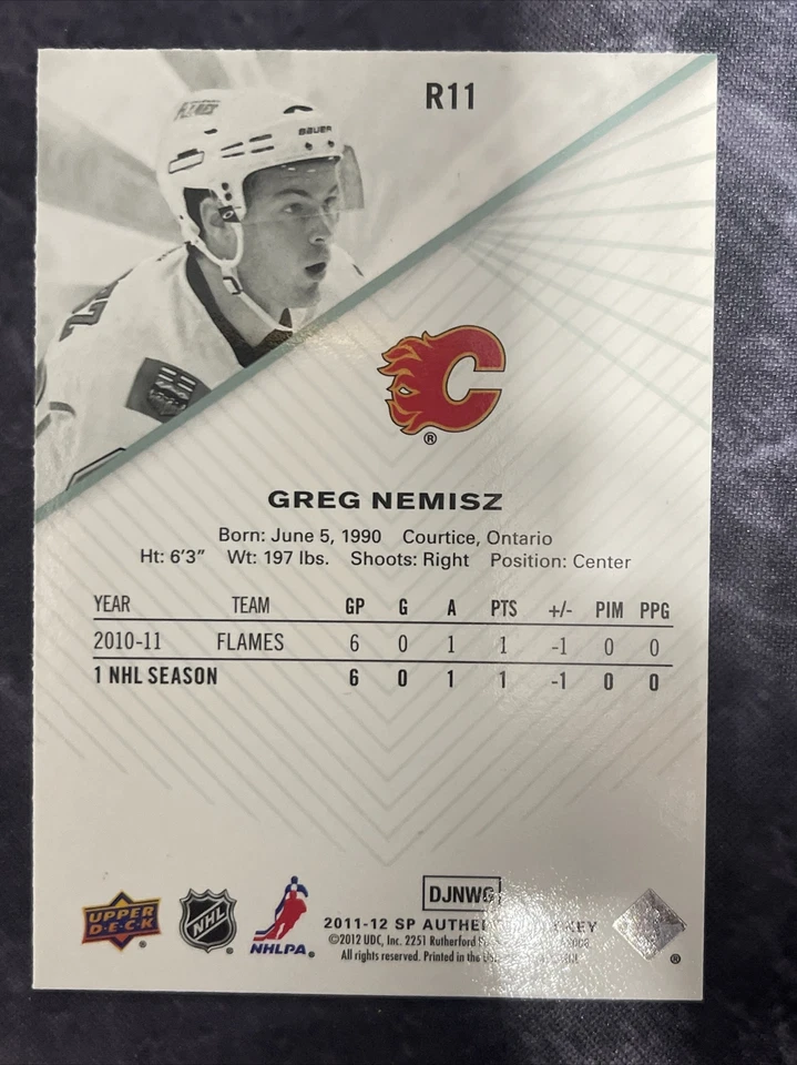 2011-12 SP Authentic Rookie Extended R11 Greg Nemisz Calgary Flames - Image 2 of 2
