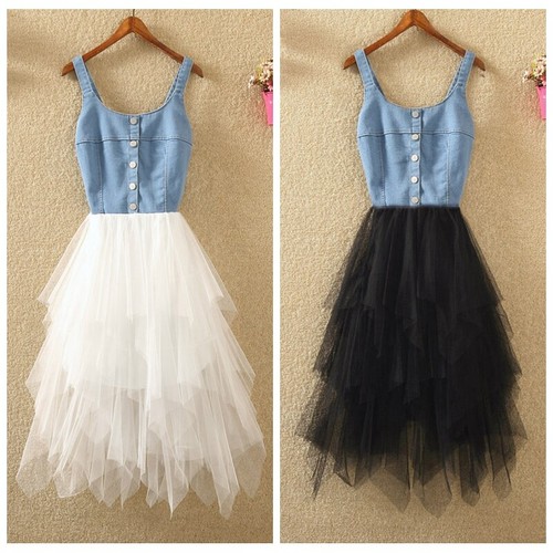 Women Girl Denim Mesh Splice Dress a 