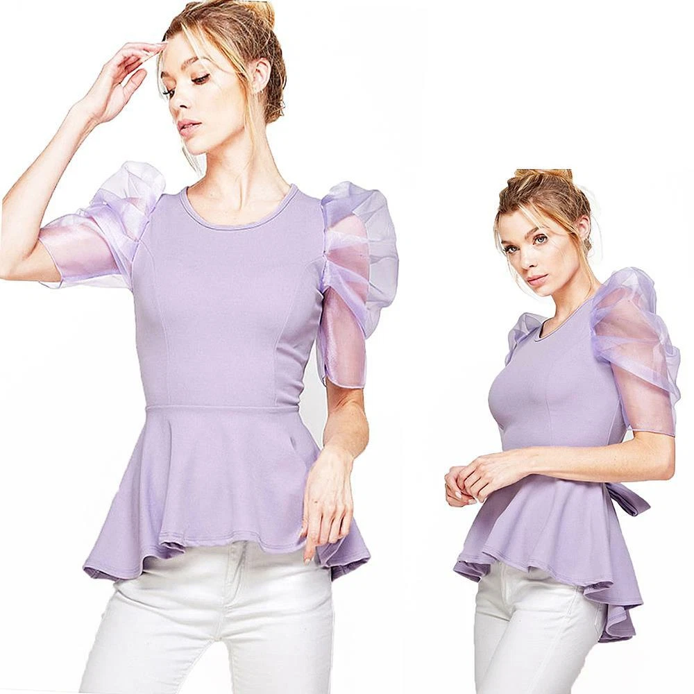 Retro Romance Sheer Puff Sleeve Lavender Scoop Neck High Low Peplum Top WT6242