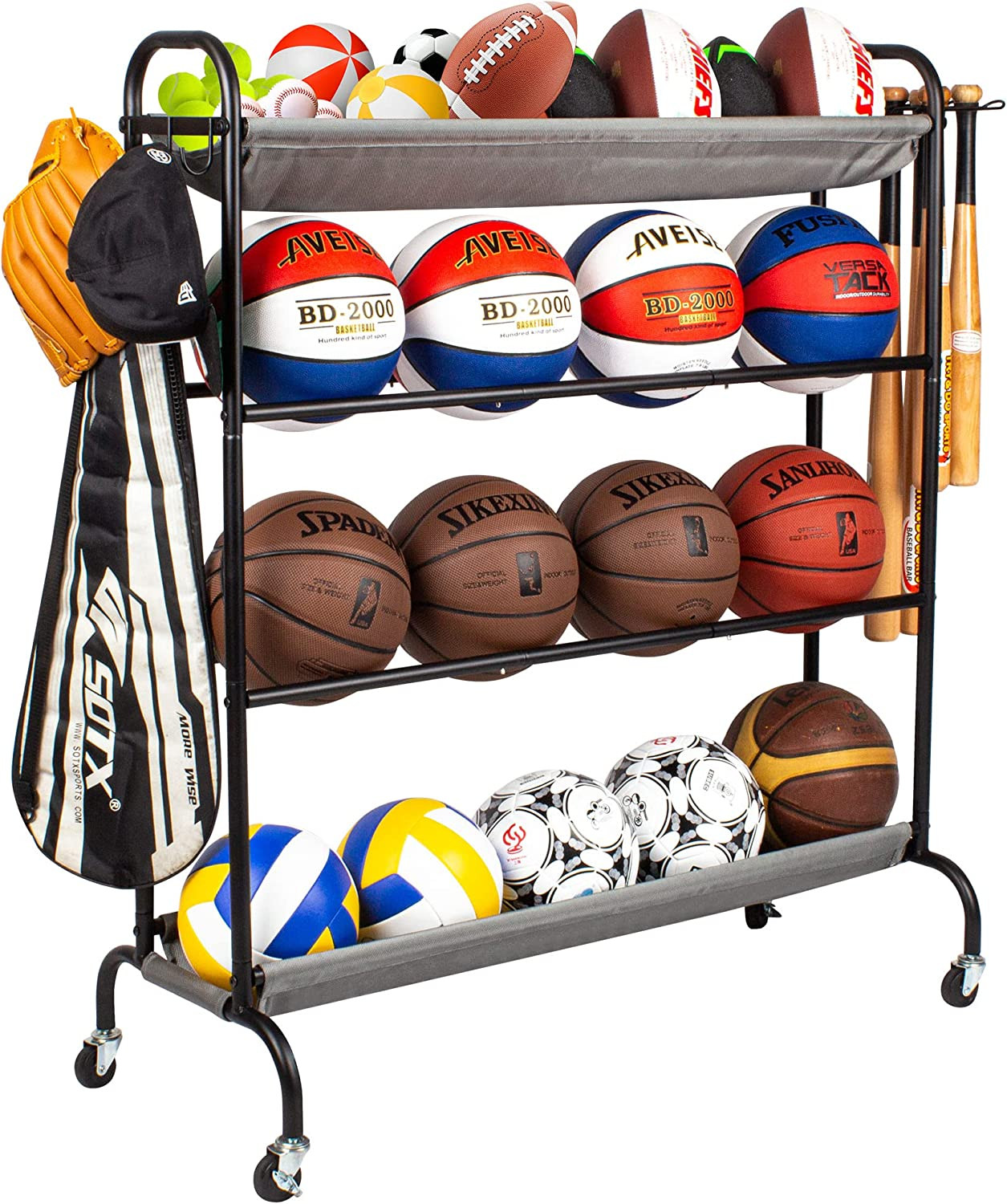Basketball Rack Garage Ball Storage Stand 4Layer Ball Organizer with Wheels Hook