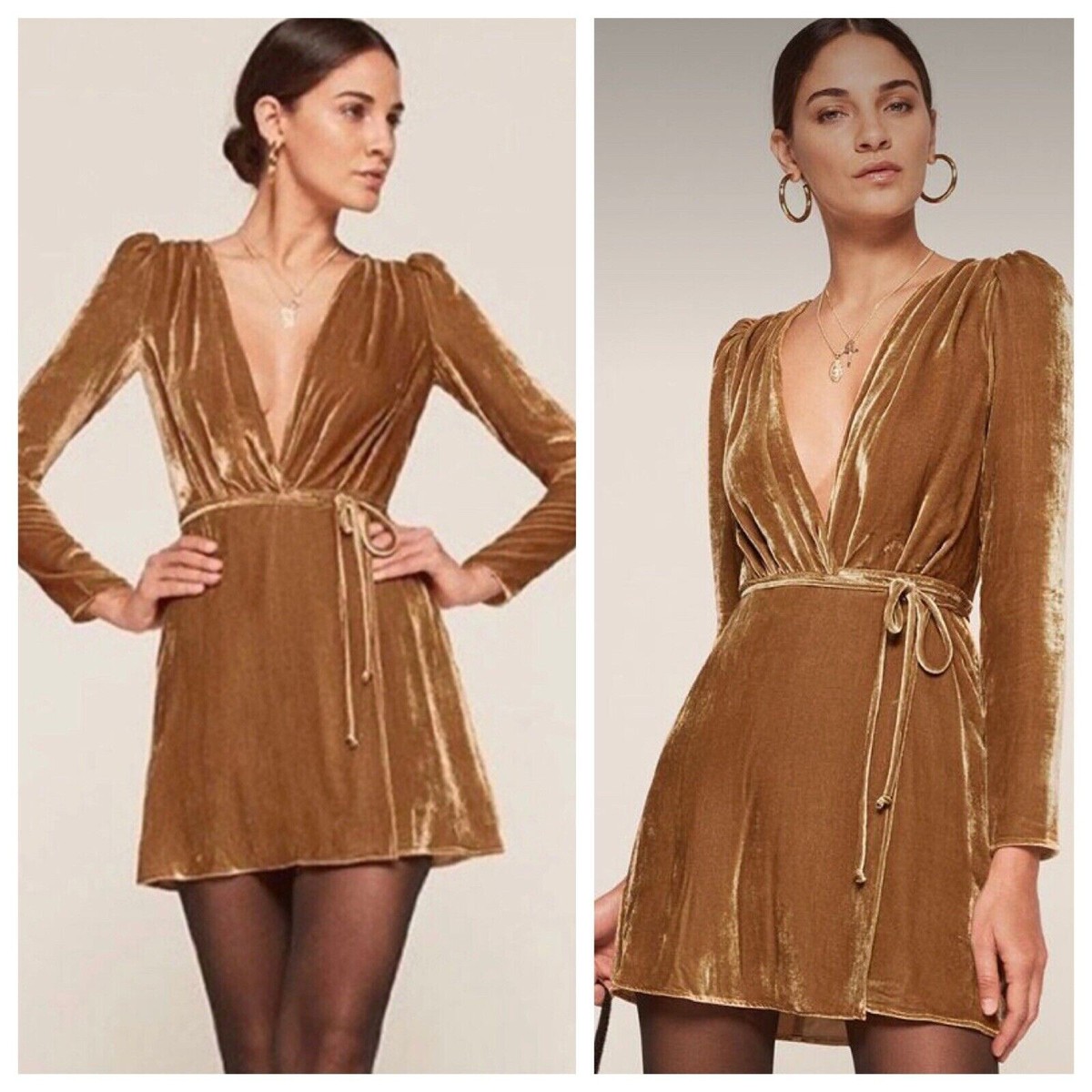 REFORMATION Gold Velvet Ruched Shoulder Plunge V-Neck True Wrap Tie Mini  Dress S