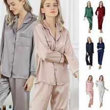 Donna 100% Seta Set Pigiama Estate Manica Lunga Biancheria da Notte Bottoni Giù