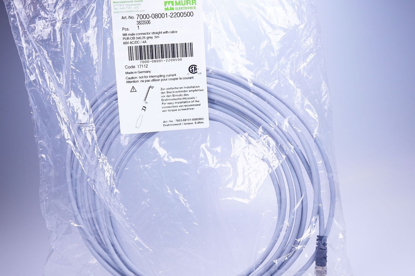 Murr 7000-08001-2200500 Connection Cable M8 St. 0° A-code Free End 5m New