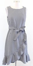 Calvin Klein Black White Gingham Plaid Ruffle Hi Lo Tie Waist Dress Sz 8 Sheath