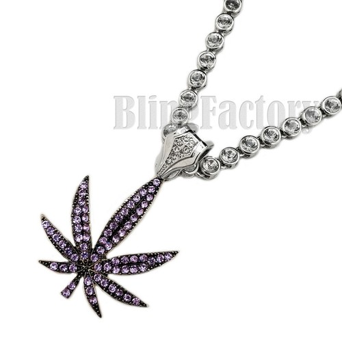 Iced Marihuana Weed Leaf Pendant & 6mm 20" CZ Choker Chain Hip Hop Necklace - Picture 3 of 12